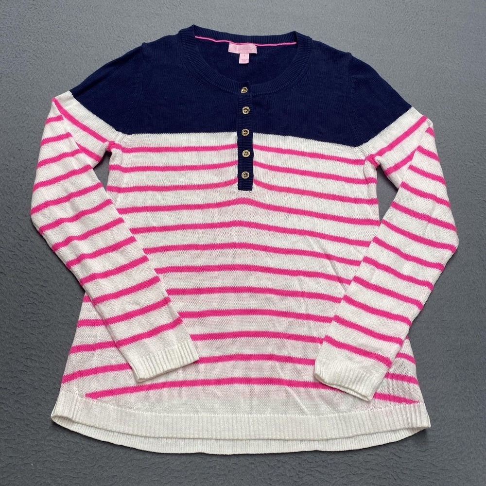Lilly Pulitzer Sweater Womens Small Blue Stripe Adair Henley‎ Knit Lightweight